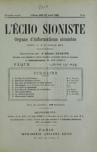 L'Echo Sioniste. Vol. 3 n° 4 (15 avril 1902)